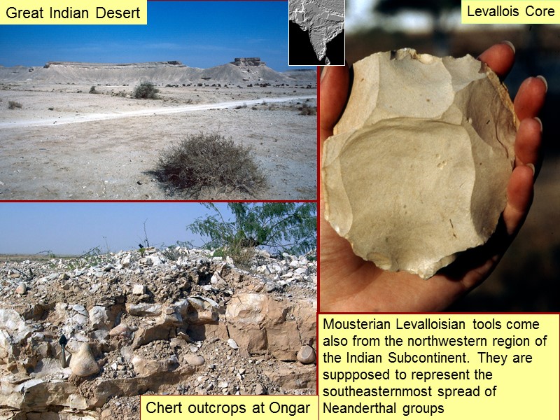 Mousterian Levalloisian tools come also from the northwestern region of the Indian Subcontinent. They